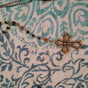 Elegant Gold and Green Beaded Cross Necklace